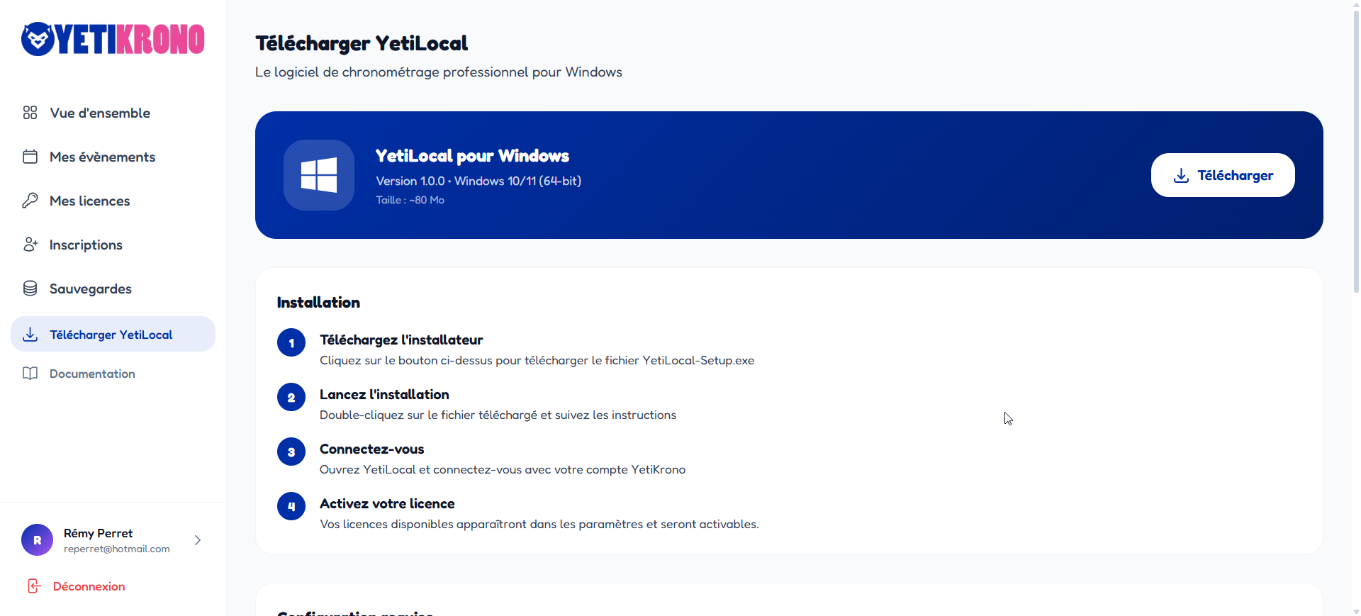 Page de téléchargement YetiCentral