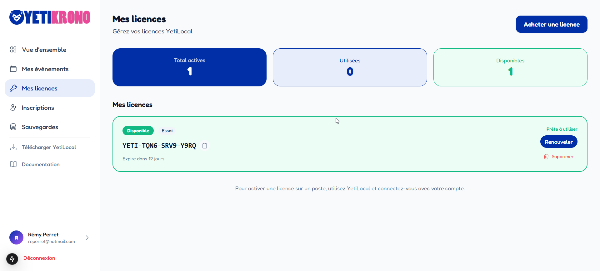 Gestion des licences YetiCentral