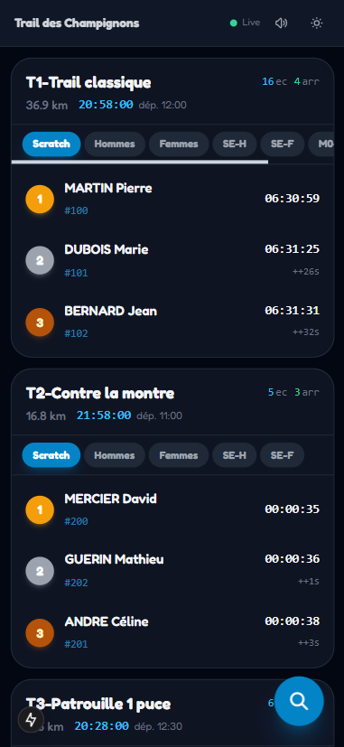 YetiLive mobile thème sombre