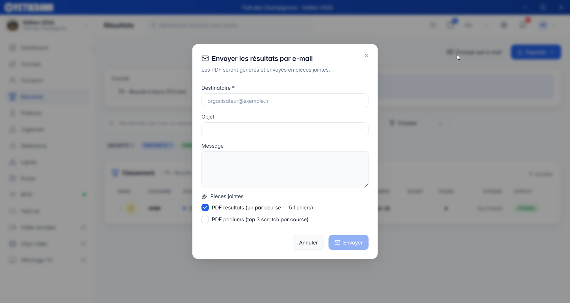 Envoi des résultats par email