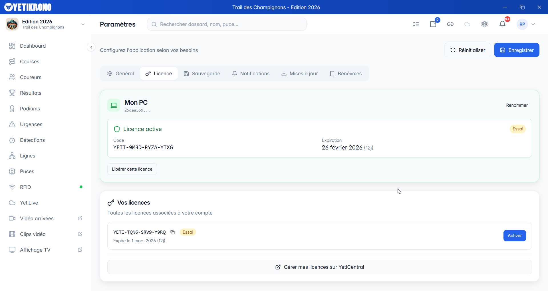 Paramètres de licence YetiLocal