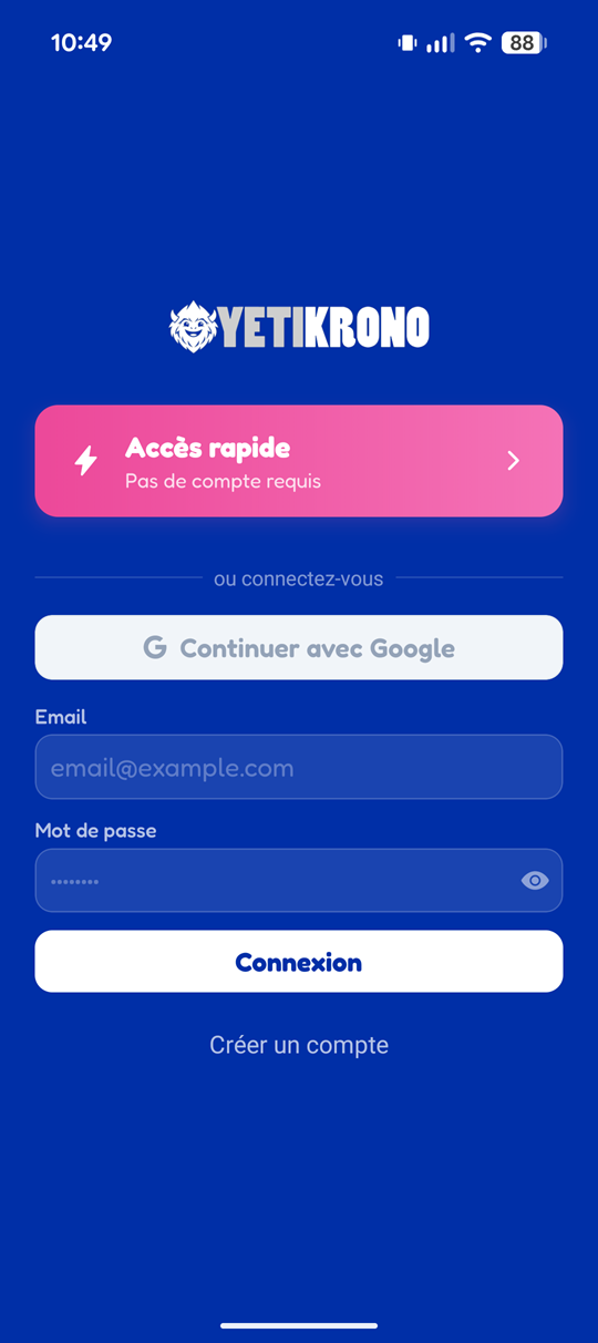 Page de connexion YetiRunner